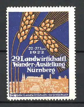 Reklamemarke Nürnberg, 29. Landwirtschaftl. Wander-Ausstellung 1922, Ortspanorama und Getreideähre