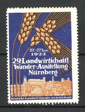 Reklamemarke Nürnberg, 29. Landwirtschaftl. Wander-Ausstellung 1922, Ortspanorama und Getreideähre