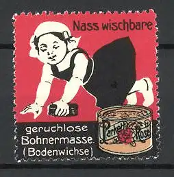 Reklamemarke Parkett-Rose ist nass wischbare Bohnerwichse, Hausfrau schrubbt den Bosen, Dose