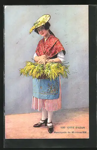AK Cote d`Azur, Marchande de Mimosas, Blumenverkäuferin
