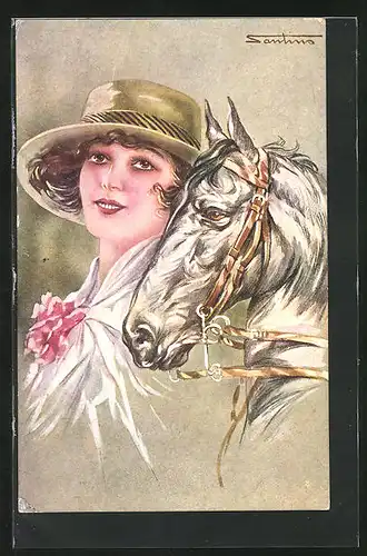 Künstler-AK M. Santino: Junge Dame mit Pferd