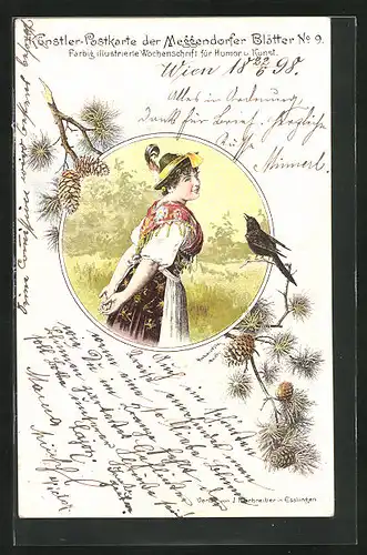 Künstler-AK Meggendorfer Blätter Nr. 9: Frau in Tracht und Vogel