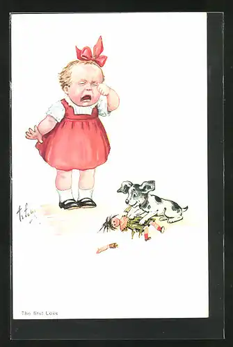 Künstler-AK Willi Scheuermann: The first Loss, Kleines Mädchen mit kaputter Puppe