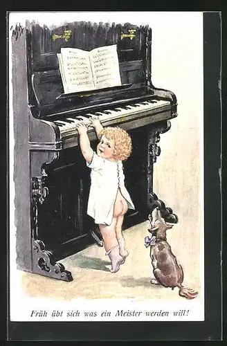 Künstler-AK Willi Scheuermann: Früh übt sich..., Kleinkind am Klavier und Hund