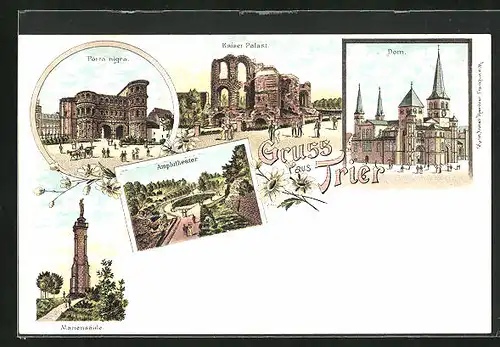 Lithographie Trier, Porta Nigra, Mariensäule, Amphitheater