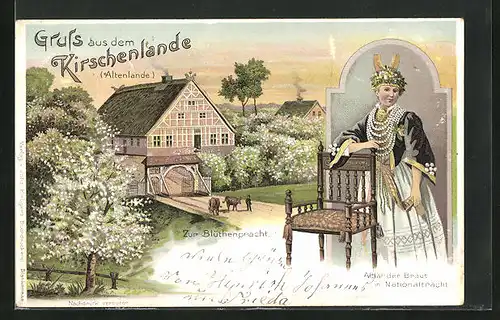 Lithographie Jork, Bauernhof Zur Blütentracht, Altländerin in Tracht