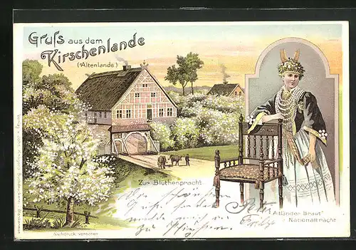 Lithographie Jork, Bauernhof Zur Blütentracht am frühen Abend, Altländerin in Tracht