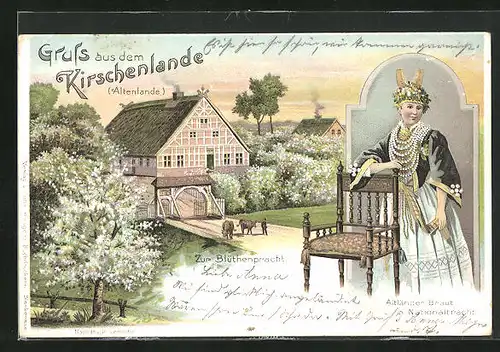 Lithographie Jork, Bauernhof Zur Blütentracht mit Kühen, Altländerin in Tracht