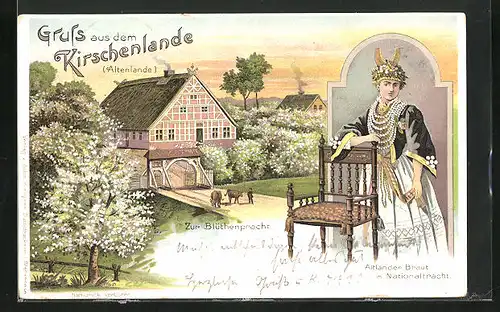 Lithographie Jork, Bauernhof Zur Blütentracht im Kirschenlande, Altländerin in Tracht