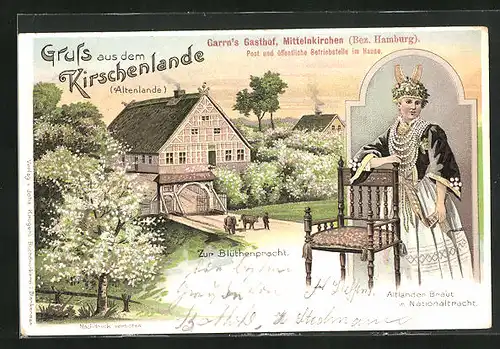 Lithographie Jork, Bauernhof Zur Blütentracht, Gasthof Garrn in Mittelkirchen, Altländerin in Tracht mit Stuhl