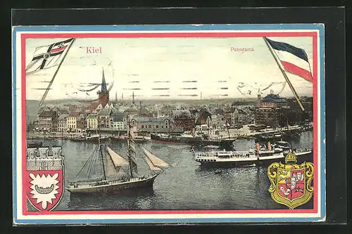 AK Kiel, Panorama mit Dampfer und Ortsansicht, Wappen