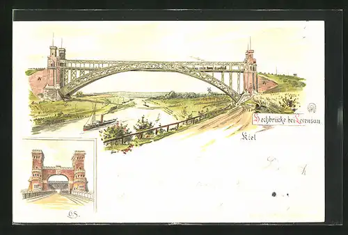 Lithographie Kiel, Hochbrücke bei Levensau