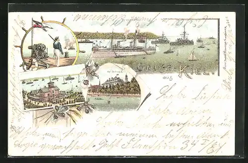 Lithographie Kiel, Kriegshafen mit Kriegsschiffen, Matrose am Deck, Kgl. Schloss