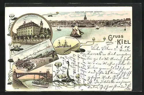 Lithographie Kiel, Seegarten-Schlossbrücke mit Hafen, Kriegsschiff, Schloss