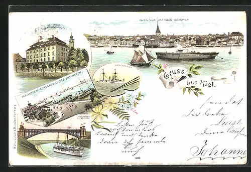 Lithographie Kiel, Seegarten-Schlossbrücke mit Hafen, Kriegsschiff, Levensauer Hochbrücke