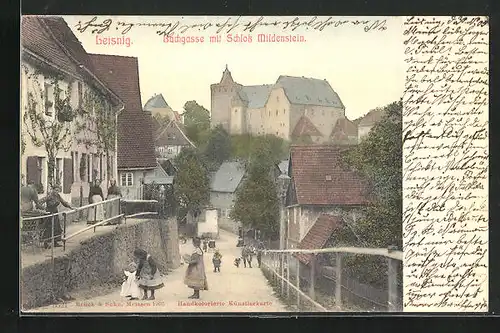 AK Leisnig, Bachgasse mit Schloss Mildenstein