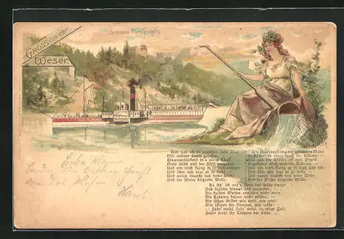 Lithographie Fürstenberg / Weser, Dampfschiff vor dem Schloss