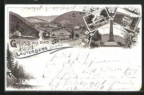 Lithographie Bad Lauterberg i. Harz, Kur-Quelle, Ritschen-Denkmal, Ortsansicht