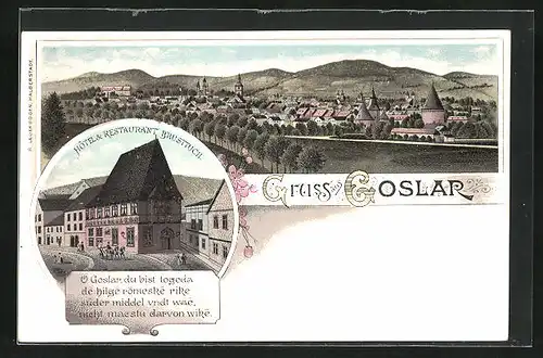 Lithographie Goslar, Hotel-Restaurant Brusttuch, Ortsansicht