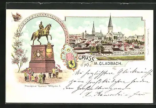 Lithographie M. Gladbach, Denkmal Kaiser Wilhelm I., Ortsansicht