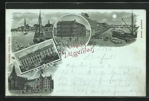 Mondschein-Lithographie Düsseldorf, Justitzgebäude, Rheinufer