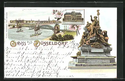 Lithographie Düsseldorf, Ständehaus, Neue Rheinbrücke