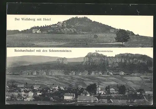 AK Schandau-Krippen / Sächs. Schweiz, Hotel auf dem Wolfsberg, Reinhardtsdorf mit den Schrammsteinen