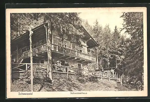 AK Schwarzatal, Wanderer auf der Terrasse vom Schweizerhaus