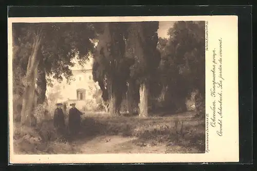 Künstler-AK Oswald Achenbach: Le jardin du couvent, Der Klostergarten, Rotes Kreuz Russland