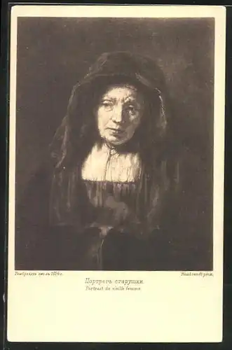 Künstler-AK Rembrandt, Portrait de vieille femme, Rotes Kreuz Russland