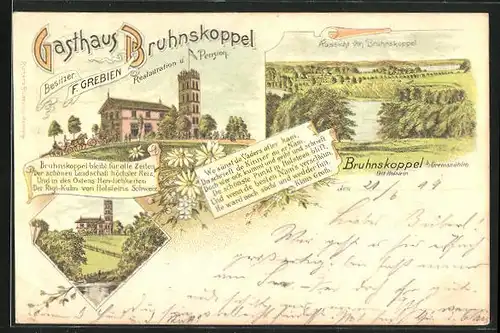Lithographie Bruhnskoppel b. Gremsmühlen / Holstein, Gasthaus Bruhnskoppel, Panorama