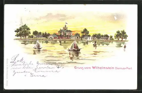 Lithographie Wilhelmstein / Steinuder Meer, Teilansicht und Segelboote