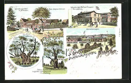 Lithographie Munster, Truppenübungsplatz, Gasthaus Lüneburger Hof, Eva Eiche, Barackenlager