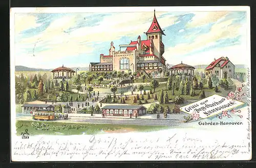 Lithographie Gehrden-Hannover, Berg-Gasthaus Niedersachsen und Strassenbahn