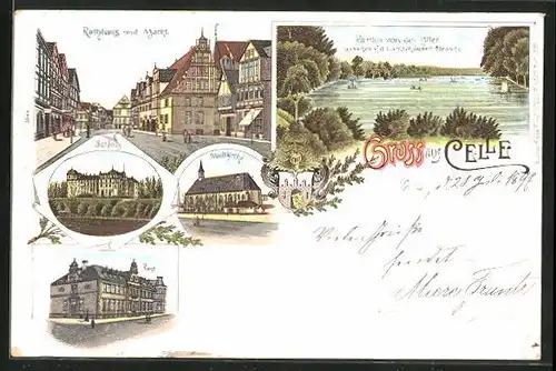 Lithographie Celle, Rathaus und Markt, Schloss, Stadtkirche