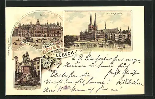 Lithographie Lübeck, Museum und Dom, Geibel-Denkmal, Post