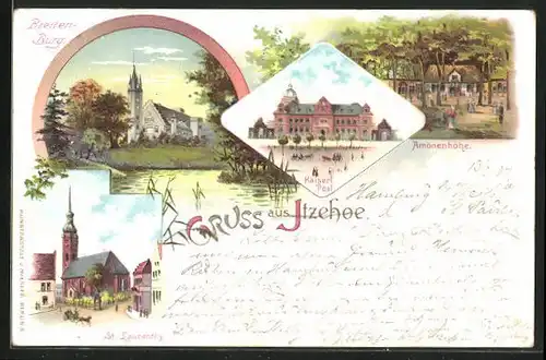 Lithographie Itzehoe, Breiten-Burg, Kaiserliche Post, St. Laurenthy