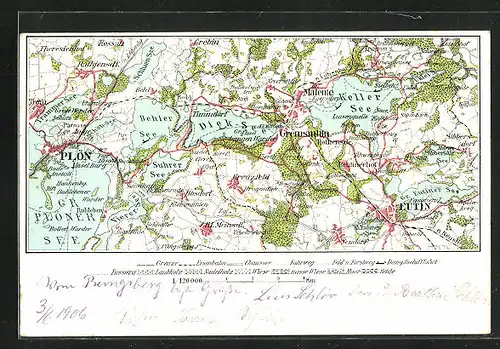 Lithographie Eutin, Landkarte mit Plön, Malente und Keller See