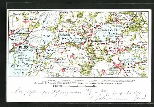 Lithographie Eutin, Landkarte mit Plön, Malente und Keller See
