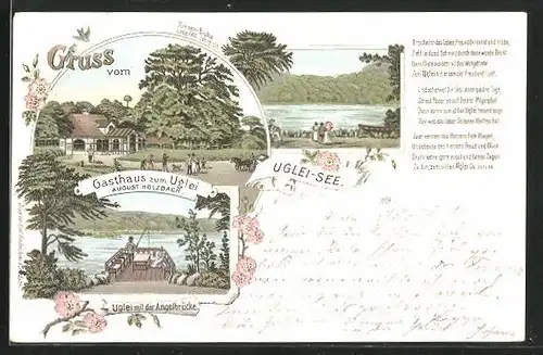Lithographie Eutin, Gasthaus zum Uglei mit Riesen-Eiche, Uglei mit der Angelbrücke, Uglei-See