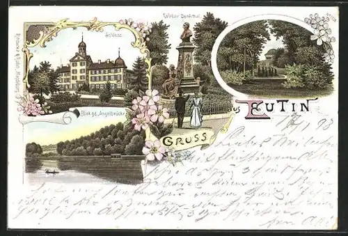 Lithographie Eutin, Schloss, Blick g. d. Angelbrücke, Weber Denkmal