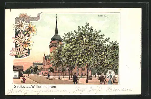 Lithographie Wilhelmshaven, Rathaus mit Litfasssäule