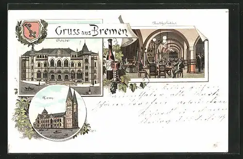 Lithographie Bremen, Inneres Gasthaus Ratskeller, Börse, Dom