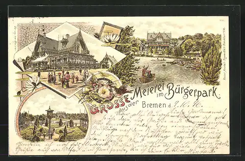 Lithographie Bremen, Gasthaus Meierei im Bürgerpark und Boote, Pavillon