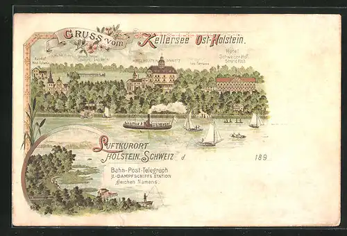 Lithographie Malente / Holstein, Hotel Holstein. Schweiz & Hotel Schweizer Hof mit See-Terrasse & Strandhaus, Kellersee