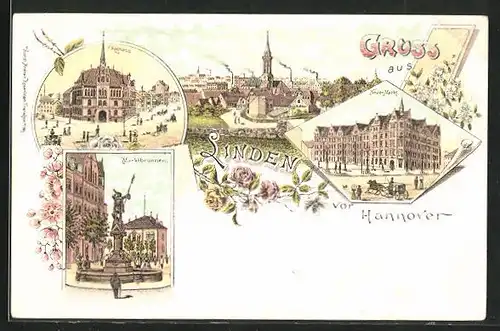 Lithographie Linden / Hannover, Marktbrunnen, Rathaus und Neuer Markt