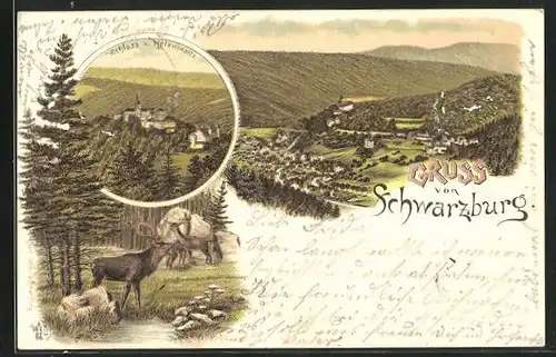 Lithographie Schwarzburg, Ortspartie, Schloss vom Helenensitz, röhrende Hirsche