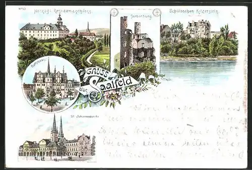 Lithographie Saalfeld, Sorbenburg und Schlösschen Kitzerstein