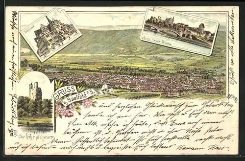 Lithographie Saalfeld a. S., Rathaus und der Hohe Schwarm