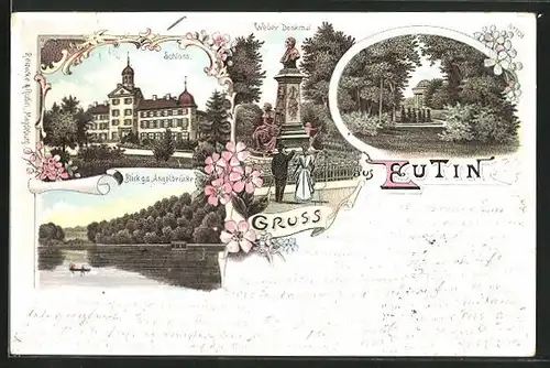 Lithographie Eutin, Weber Denkmal und Schloss